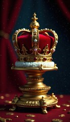 Regal crown on a richly decorated pedestal with golden filigree, royalty, decoration, crown