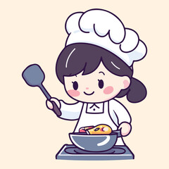 Cute cartoon gril Chef Cooking In Kitchen vector illustration