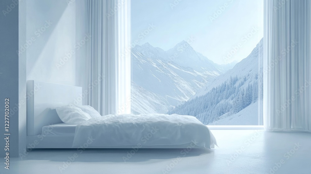 Poster serene minimalist bedroom featuring a white bed and stunning mountain view through large windows cre
