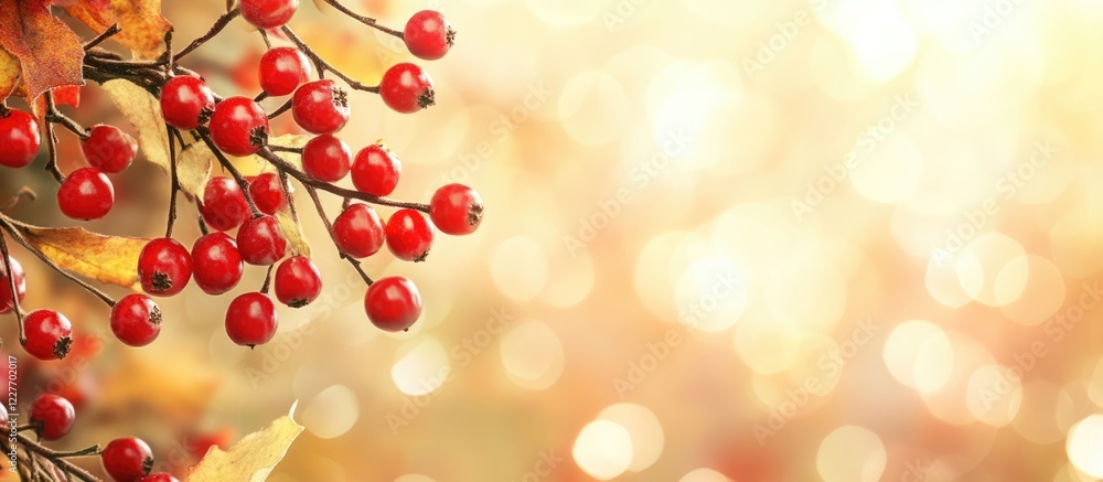 Poster red hawthorn berries on autumn background with bokeh effect and blank space for text overlay