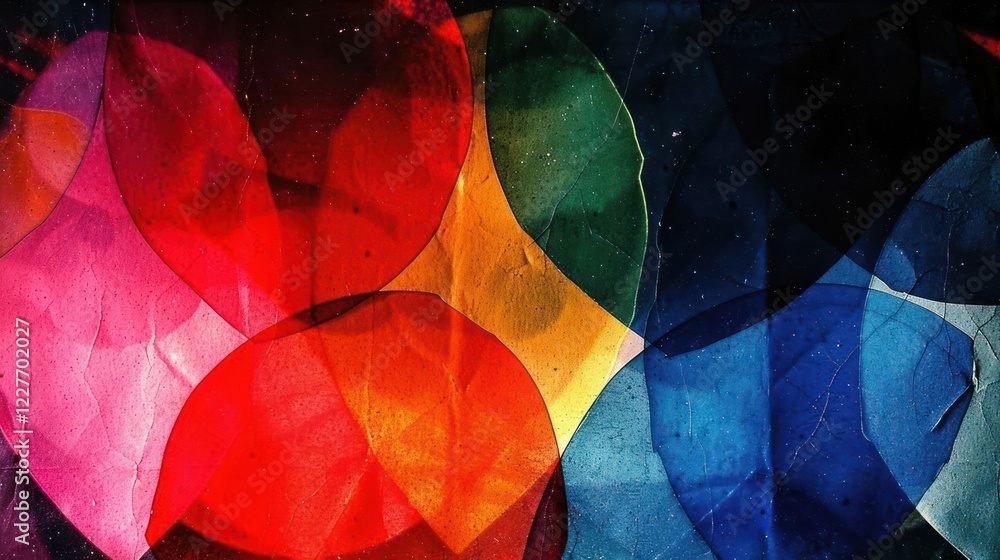 Poster colorful translucent shapes overlapping on a textured background, creating a vibrant abstract design