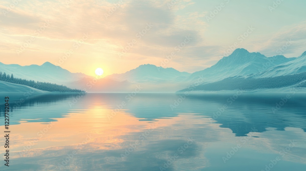 Poster Serene lake at sunset reflecting snowcapped mountains creating a tranquil atmosphere with ample copy space for text and serene themes