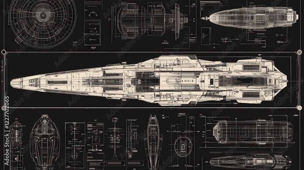 Poster detailed technical blueprint of a large spaceship, rendered in grayscale with varying shades of blac