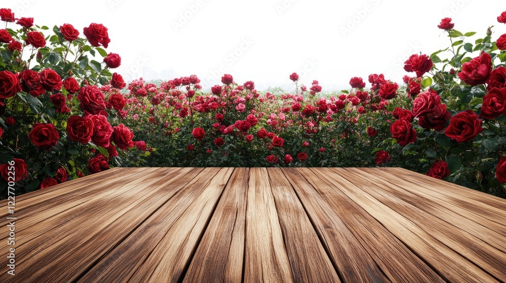 Poster perspective view of rustic wooden tabletop surrounded by vibrant red rose garden in soft focus backg