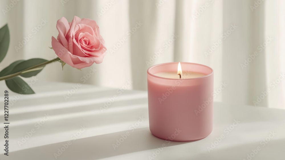 Poster soft pink rose and candle creating a cozy romantic atmosphere against a white background of draped f