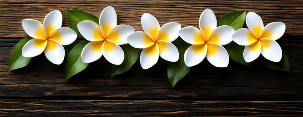 Plumeria blossoms wood background spa