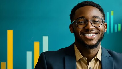 Smiling young man in a suit against a vibrant background with abstract graphs and data visuals