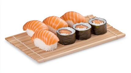 Assorted sushi platter with salmon nigiri and maki rolls on bamboo mat