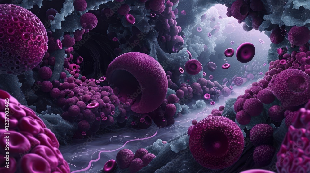Poster abstract representation of a microscopic world showcasing vibrant cells and structures in motion