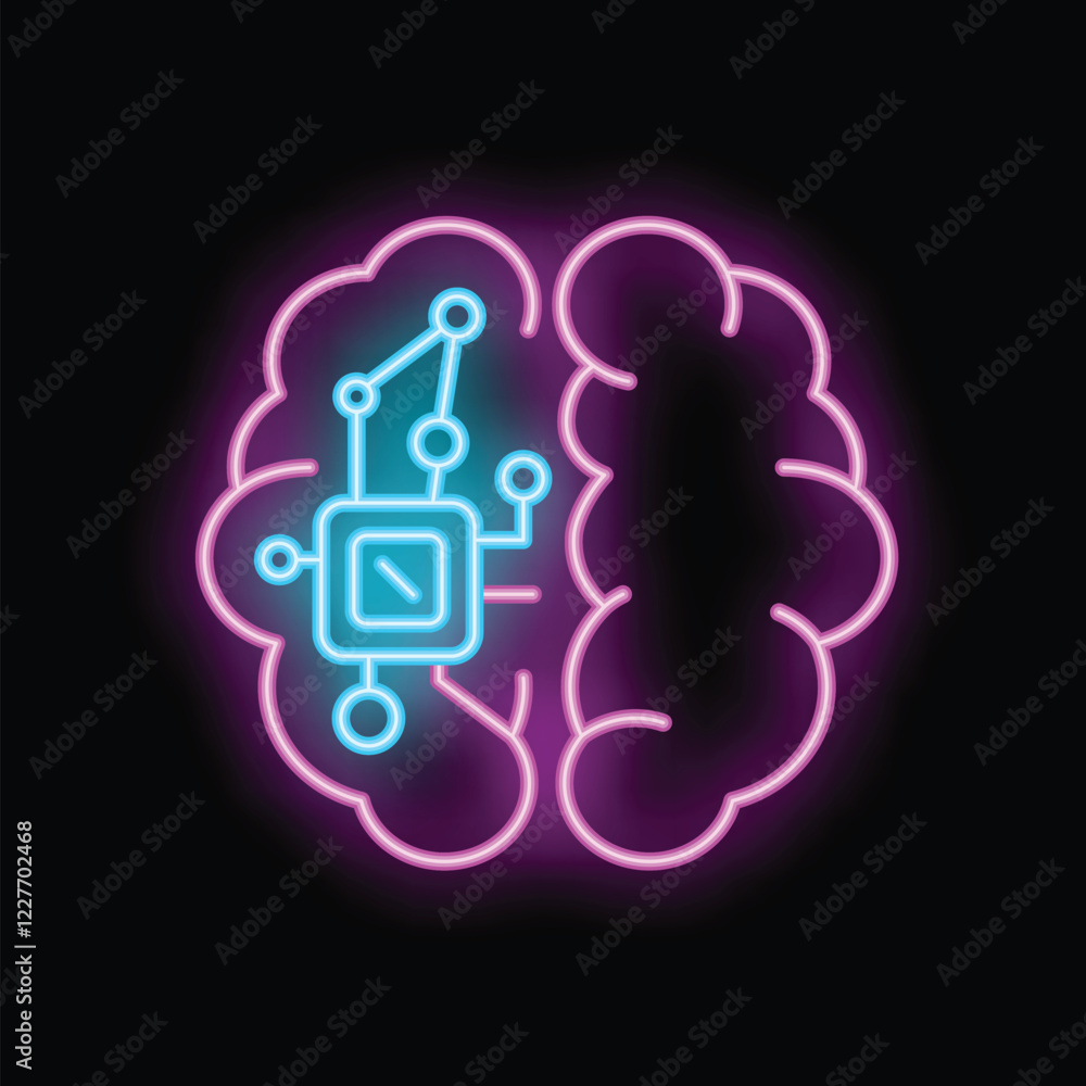 Poster neon brain showing artificial intelligence with circuit board and connections glowing on dark backgr