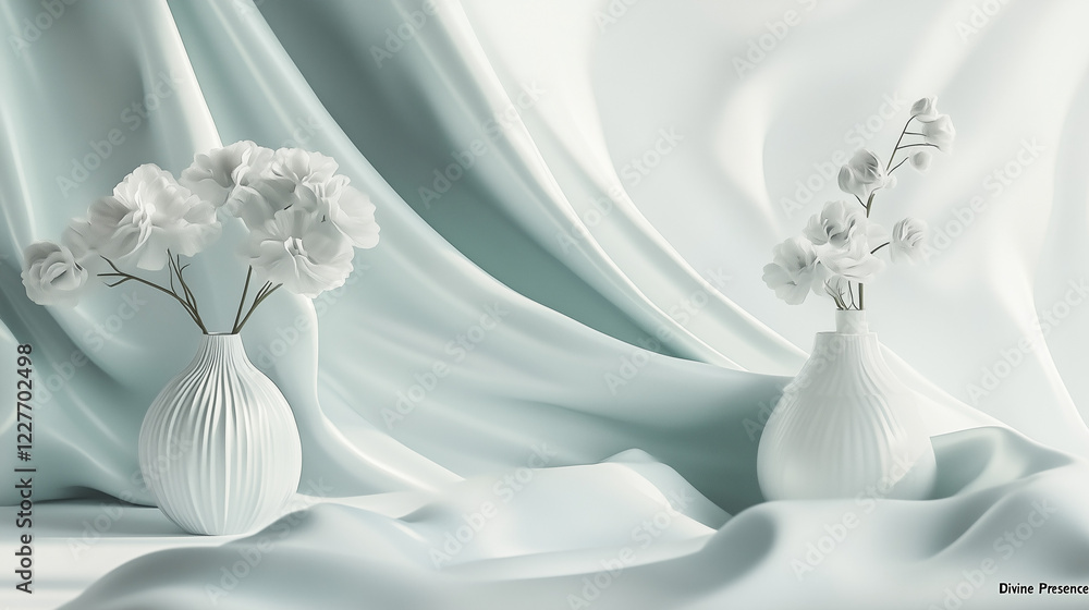 Aufkleber elegant display of white vases with flowers against a soft fabric backdrop in a serene setting