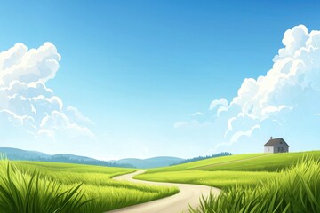 Obraz premium Cartoon countryside landscape with grassy fields and winding dirt path under clear skies nature illustration serene view