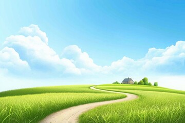 Winding dirt path through grassy fields cartoon countryside scenic landscape bright skies serene viewpoint peaceful concept