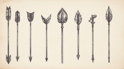 Collection of eight hand drawn arrow designs, varying in style and shape, on a beige background. Each arrow features unique details in a consistent
