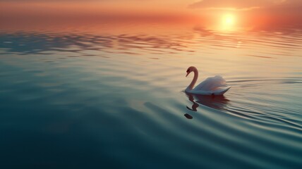 Fototapeta premium Graceful Swan: A white swan gliding on a tranquil lake at sunrise, with the water reflecting pastel colors and a soft mist rising from the surface.