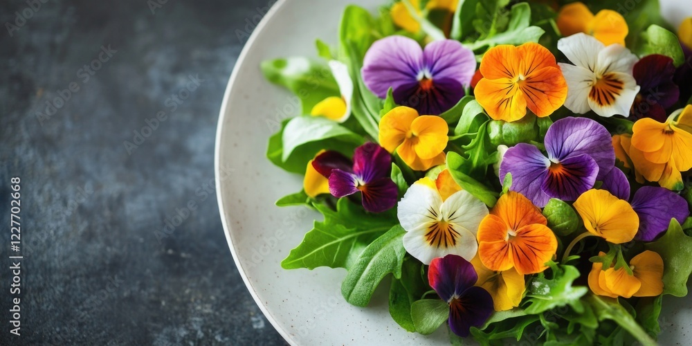 Poster elegant salad with edible flowers in fine dining setting providing ample copy space for promotional 
