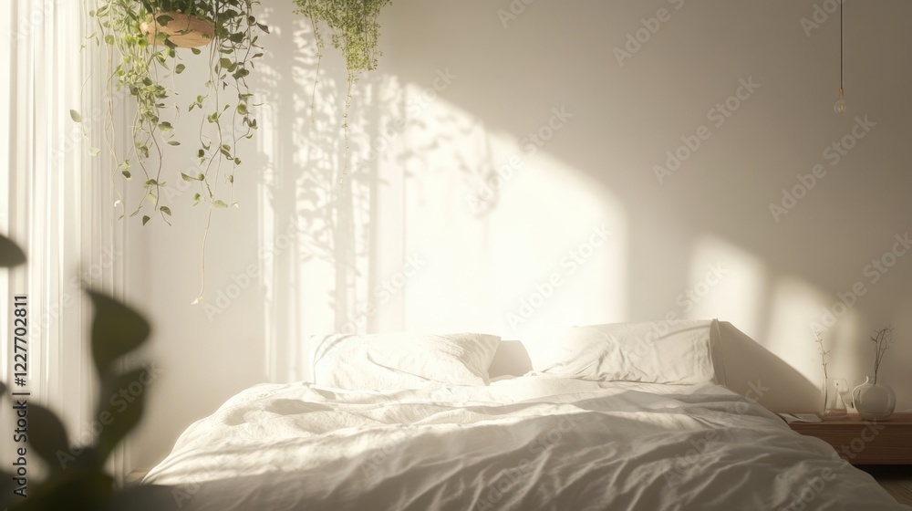 Poster serene bedroom with soft white bedding and natural light from hanging planters creating a tranquil a