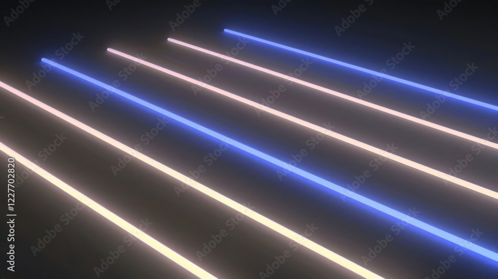 Poster abstract composition of glowing neon light strips in a dark setting, creating vibrant patterns