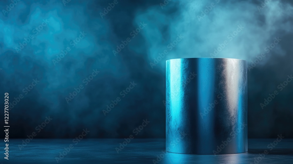 Aufkleber Sleek metallic cylinder illuminated against a misty blue background creating a modern abstract atmosphere for product displays.