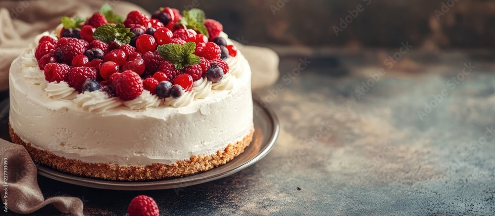 Poster delicious cheesecake with mixed berries and mint on rustic wooden table with empty space for text in