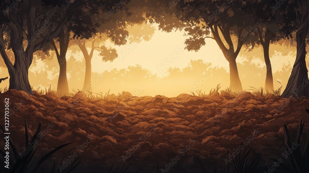 Aufkleber realistic soil landscape with deep brown hues surrounded by trees in a tranquil forest setting at go