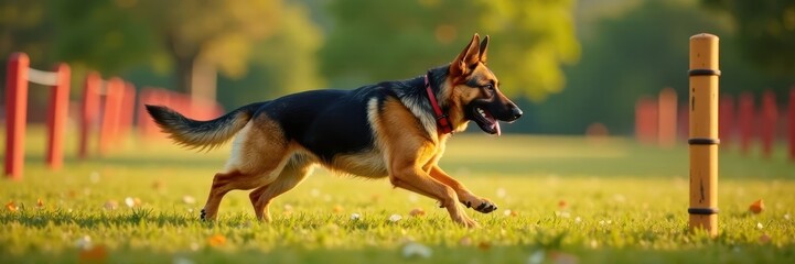 German Shepherd guiding blind figurant through obstacle course, canine partner, assistance dog, obstacles