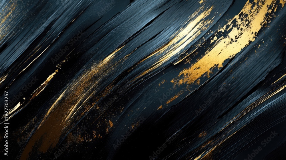 Poster dynamic abstract background with sleek metallic brush strokes in black and gold hues, evoking modern