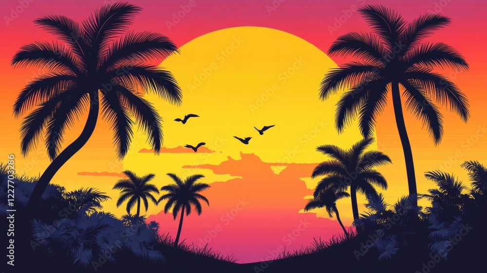 Poster silhouetted palm trees against a colorful sunset with vibrant hues and flying birds creating a tropi