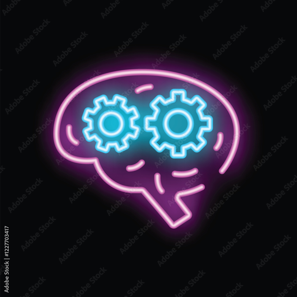 Poster neon brain with two cogwheels inside, representing the concept of artificial intelligence and machin