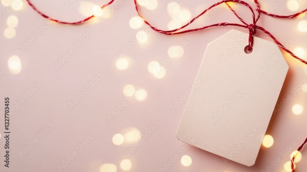 Poster rose gold tag on a festive background with red string and soft lights perfect for christmas card des