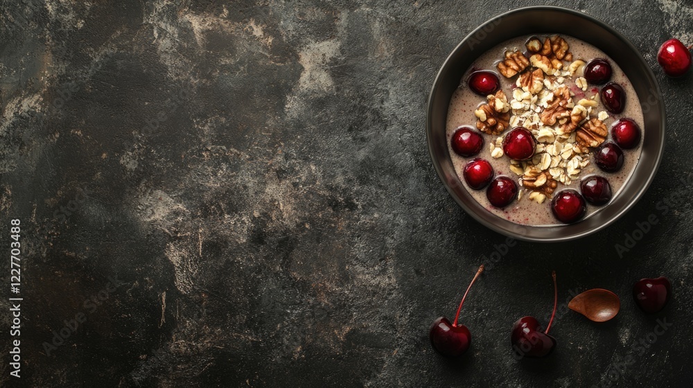 Poster smoothie bowl topped with nuts and cherries on dark stone background healthy food and wellness conce