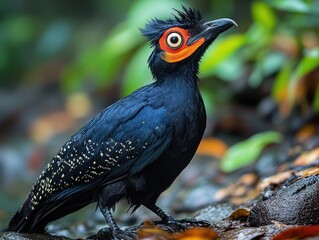 A stunning black bird with unique orange facial markings stands out in the forest