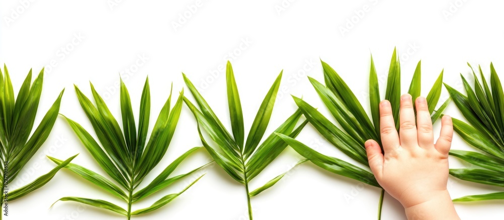 Poster tropical palm tree leaves with hand in soft focus on white background ideal for nature or eco-friend