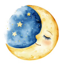 Charming Crescent Moon With Smiling Face and Stars in a Dreamy Night Sky Illustration