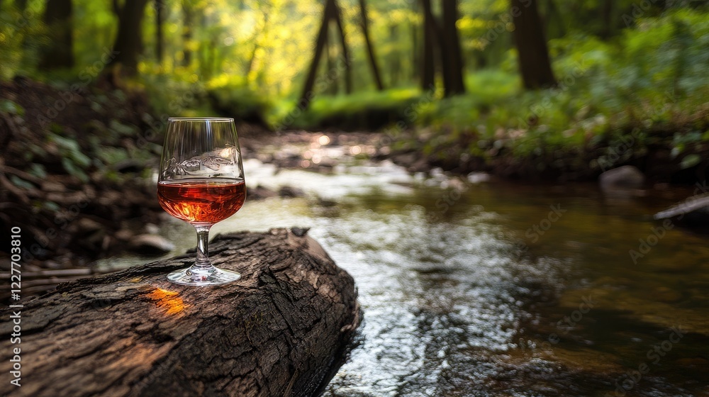 Poster glass of rose wine on a log by a tranquil stream in a serene woodland during golden hour with gentle