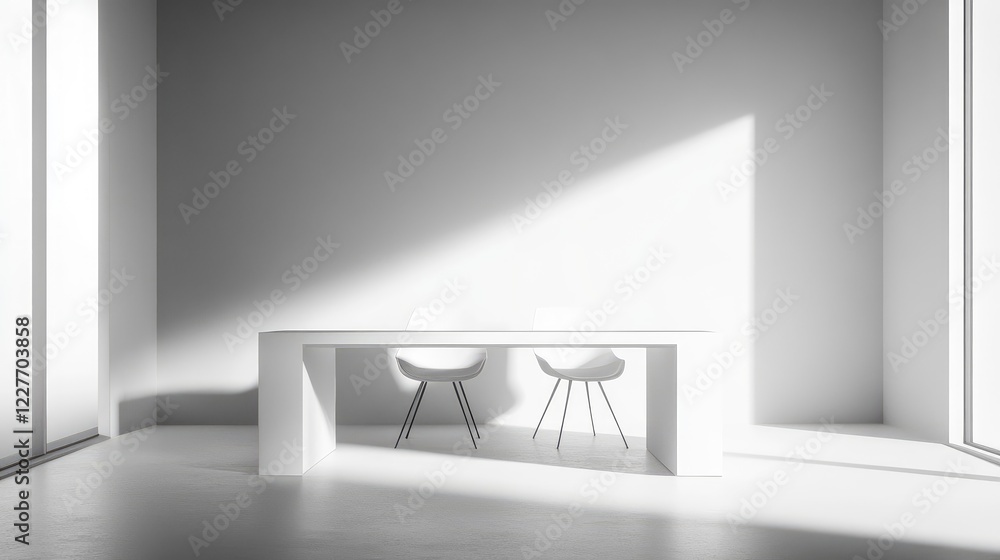 Poster Minimalist modern workspace featuring a sleek table and two chairs with clean lines and abundant natural light in a bright interior setting