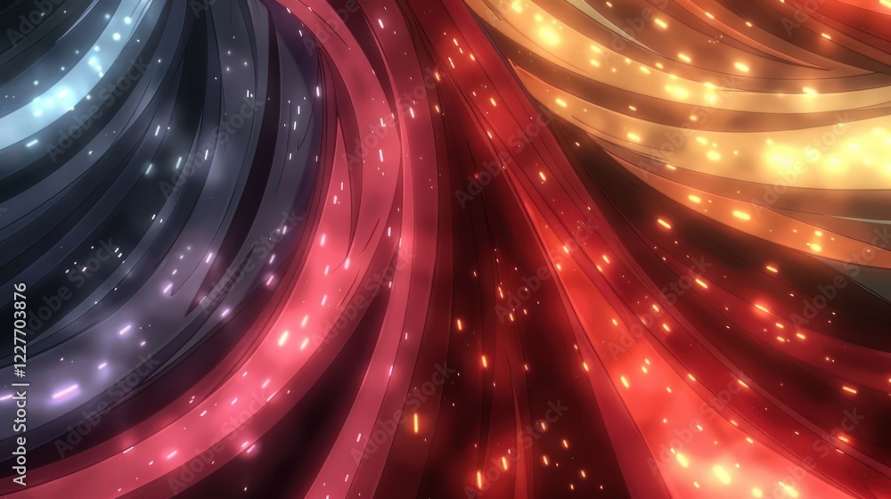 Poster abstract wave patterns with vibrant colors and sparkling lights creating a dynamic visual effect