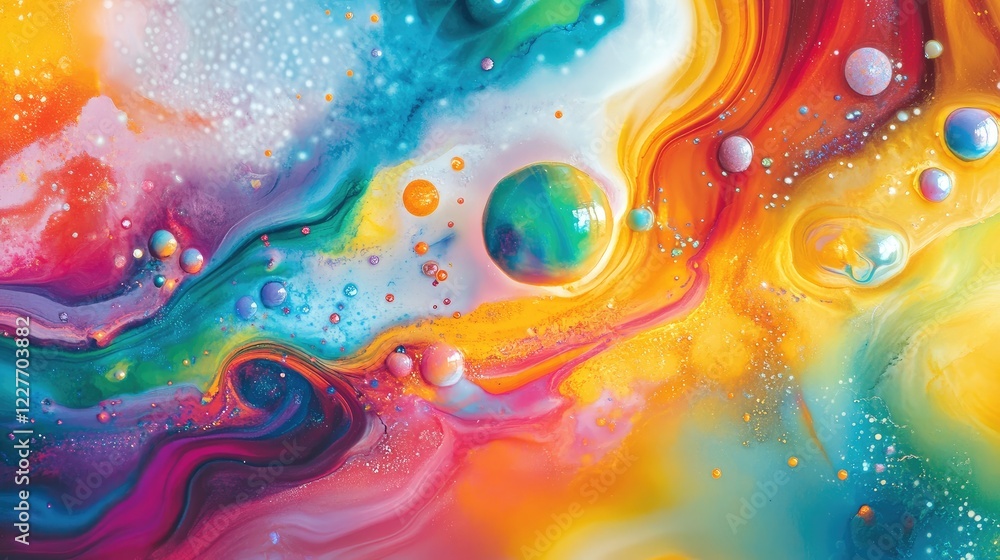 Poster colorful abstract cosmic artwork with swirls and bubbles representing creativity and imagination in 