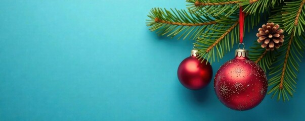 Ornaments and pinecones hang from a sprig on a blue background, winter elements, evergreen branch, Pinecones