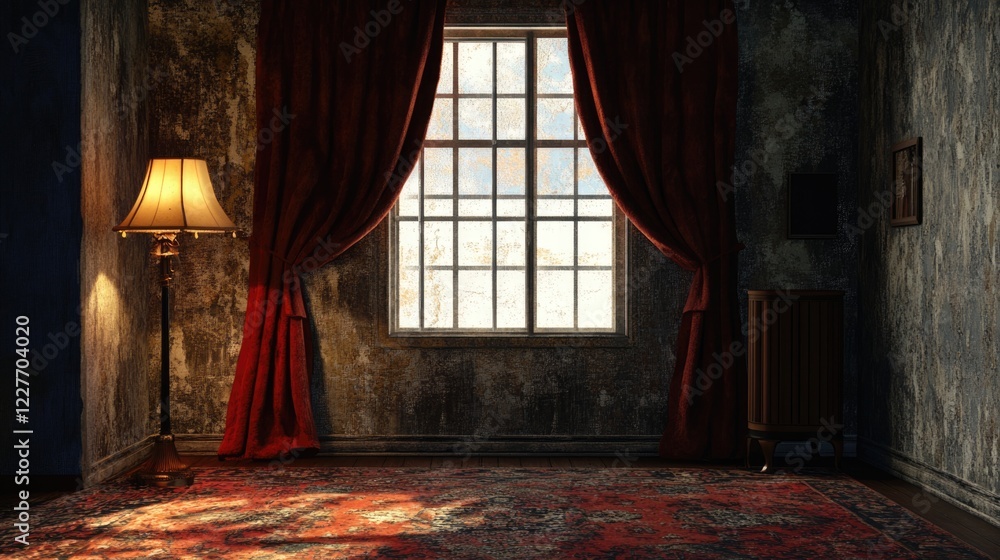 Poster cozy interior scene with vintage window, elegant curtains, and warm lamp on a patterned carpet in a 
