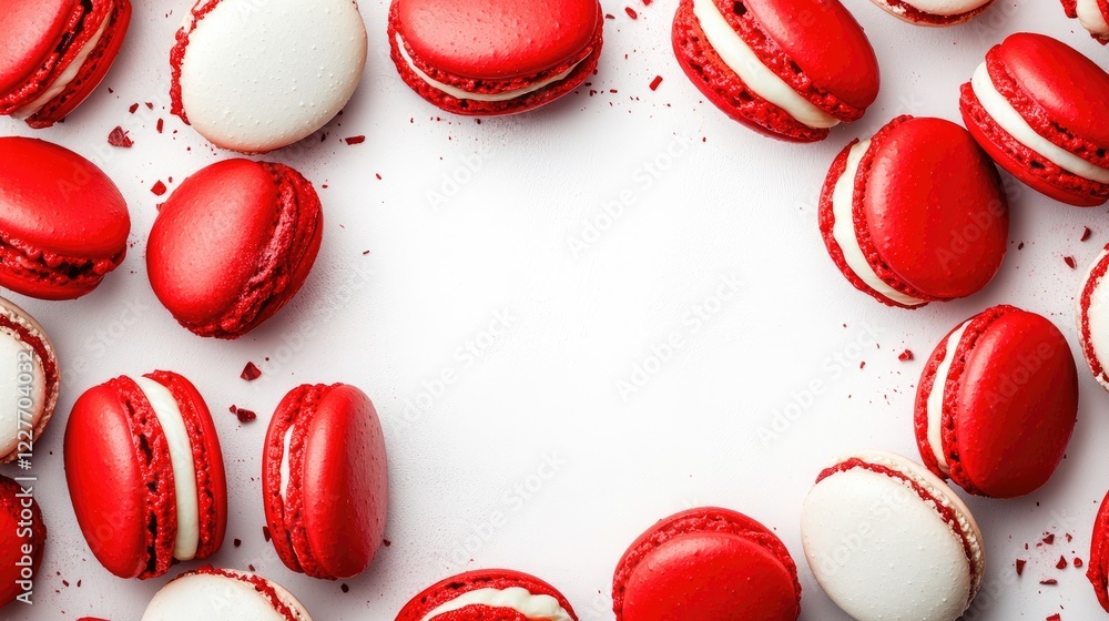 Aufkleber delicious red and white macarons arranged in a circular layout on a clean white background perfect f