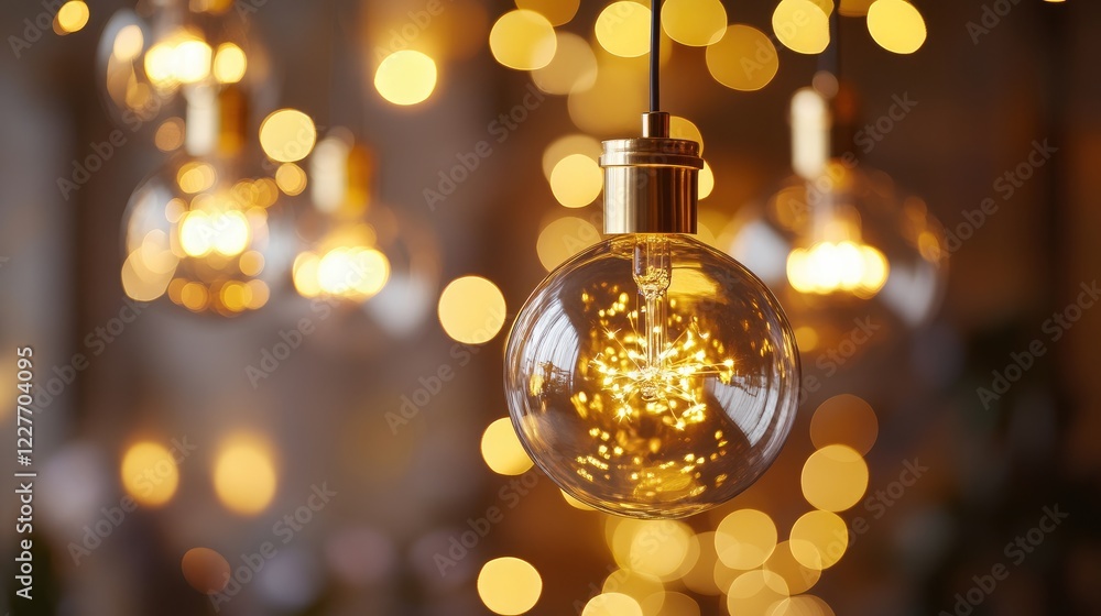 Poster elegant golden backdrop with soft bokeh lights featured in hanging decorative bulbs creating a warm 