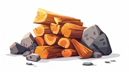 Campfire Timber Icon with Firewood Pile and Stones - Cartoon Style