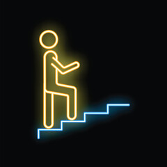 Neon sign of a businessman climbing stairs, representing career progression and ambition