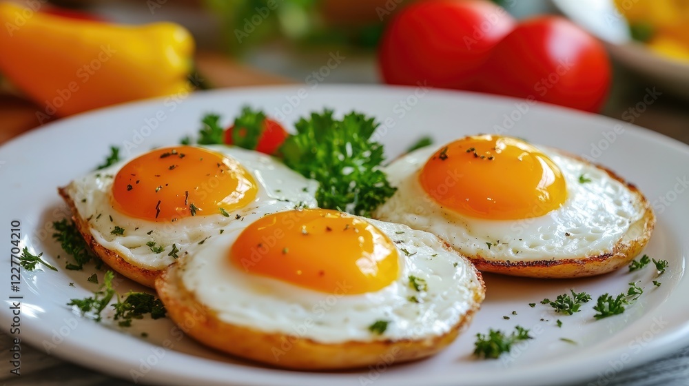 Poster fried eggs on a plate garnished with parsley showcasing a creative food presentation with colorful i
