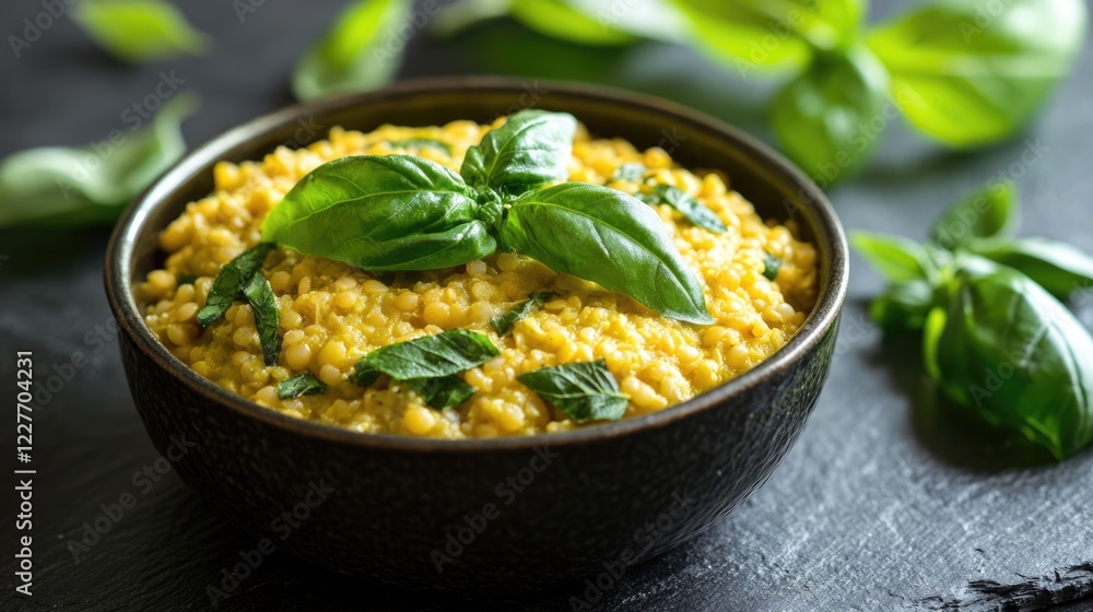Poster golden lentils garnished with fresh basil leaves in a rustic bowl on a dark slate background with gr