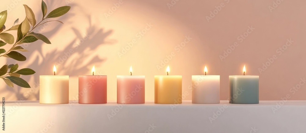 Poster five glowing candles in soft colors creating a warm romantic home atmosphere with copyspace for text