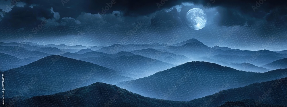 Poster dramatic moonlit landscape of rugged mountains and rolling hills under rain shower with dark clouds 