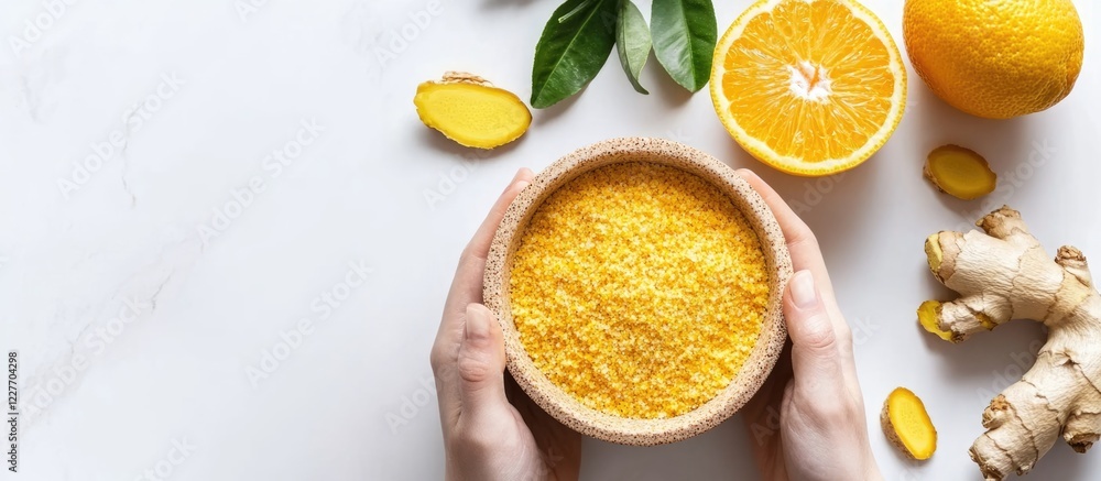 Aufkleber citrus salt with ginger turmeric lemon and orange held in hands on a white background with fresh ing