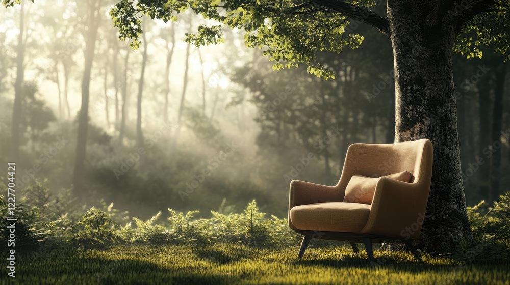 Aufkleber Stylish armchair nestled under a towering tree in a serene forest setting with soft light and rich greenery.